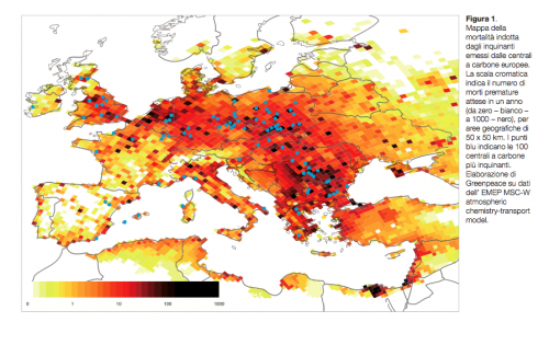 Mappa della mortalità indotta dagli inquinanti emessi dalle centrali a carbone europee